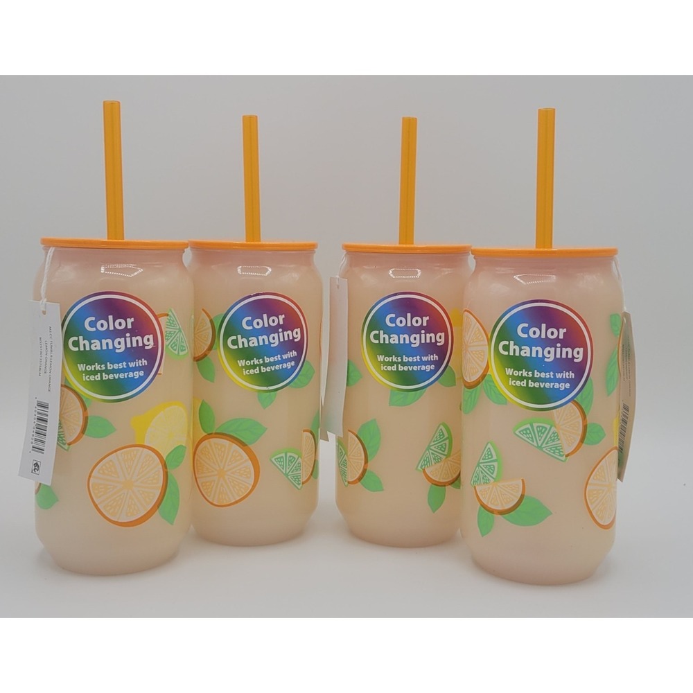 20oz Color Changing Tumbler NEW Set Of 4 - Lid Straw Orange Summer Fruit
